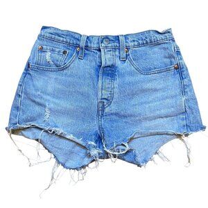 Levis 501 High-Waisted Distressed Denim Shorts With Frayed Hem Button Fly Light